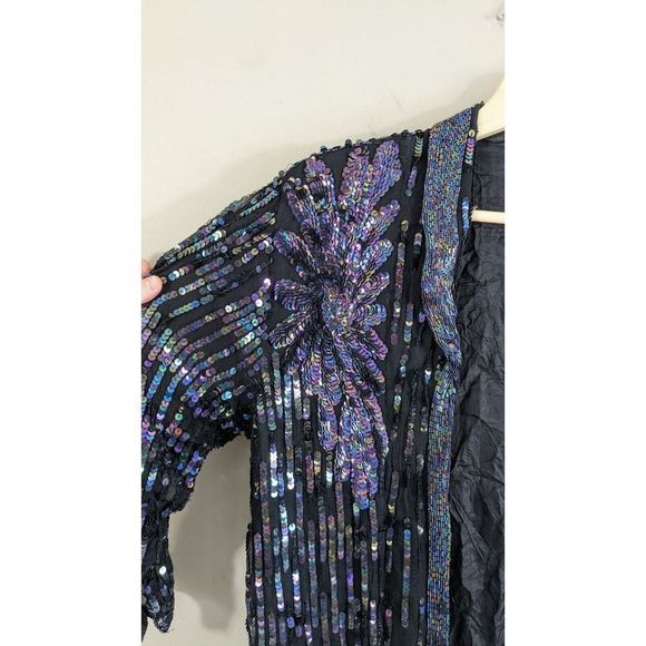 Oilslick rainbow Sequined Beaded long Silk Black Goddess Cardigan Jacket Vintage - Picture 2 of 16